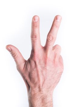Man's hand mimic numbers on white background