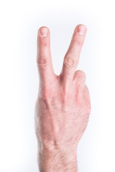 Man's hand mimic numbers on white background