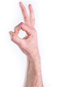 Man's hand miming OK on white background