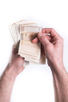 Hand give or counting money on white background