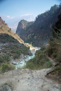 Marsyangdi river and Annapurna mountain. Nepal, Tibet.