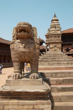 Old buddhistic statues on Bhaktapur Square. Kathmandu, Nepal