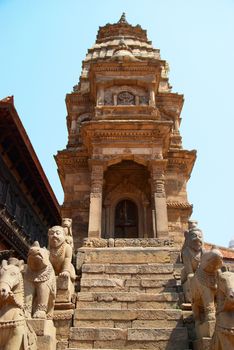 Old buddhistic statues on Bhaktapur Square. Kathmandu, Nepal