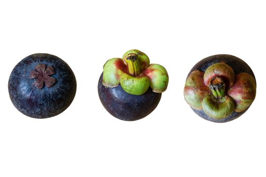 Isolated mangosteen with 3 view. Top, side and bottom.