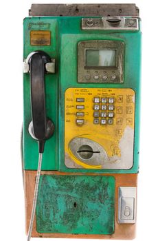 Thai old public phone that say on the left panel 'For coins or card use'.