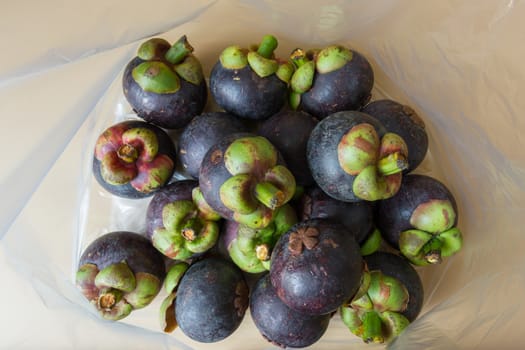 Pile of fresh mangosteen in a plastic bag.