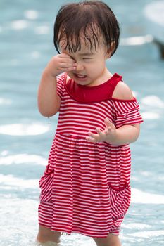 Chinese Little Girl Playing in Water in Swimming Pool