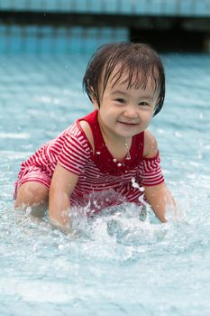 Chinese Little Girl Playing in Water in Swimming Pool