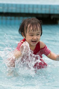 Chinese Little Girl Playing in Water in Swimming Pool