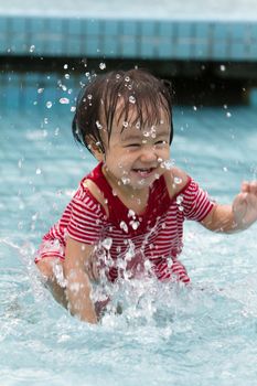 Chinese Little Girl Playing in Water in Swimming Pool