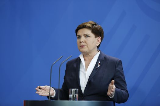 GERMANY, Berlin: Polish Prime Minister Beata Szydlo speaks at a joint press conference with German Chancellor Angela Merkel during her visit to Germany in the Chancellery in Berlin, Germany on February 12, 2016.