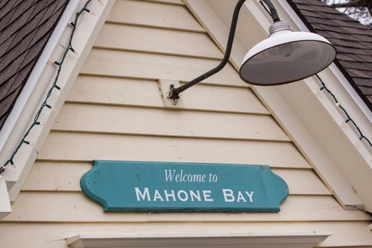 Sign and lamp on the Mahone Bay,NS, welcome centre