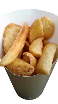 Fried Potatoes Wedges in a Paper Wrapper on a white background
