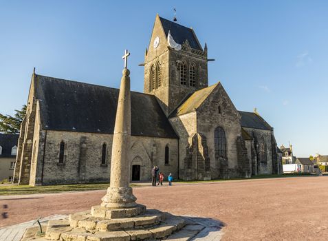 the historical church of Sainte Mere Eglise in Normandy, France