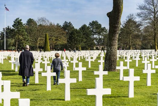 Crosses on american cemetery near Omaha Beach, in Colleville sur Mer, Normandy, France