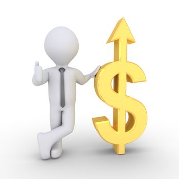 Businessman is standing next to a dollar symbol with an arrow pointing up