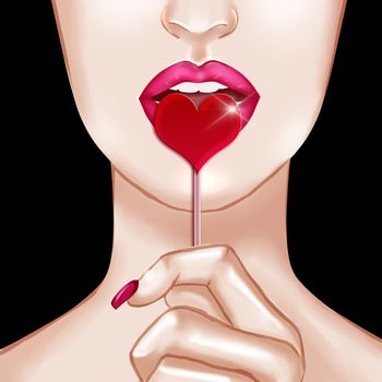 Raster Illustration of woman lips holding lollipop