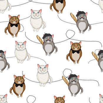 Seamless Pattern All over Background with character cats on a dotted lines background