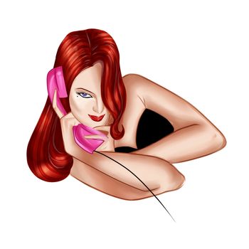 hand Drawn Illustration of a vintage red hair pin up