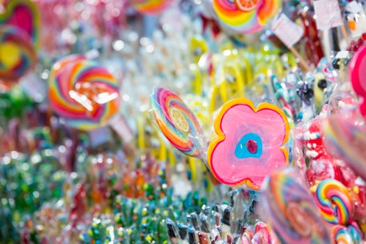 Colorful candies on a christmas market stand, shallow depth of field