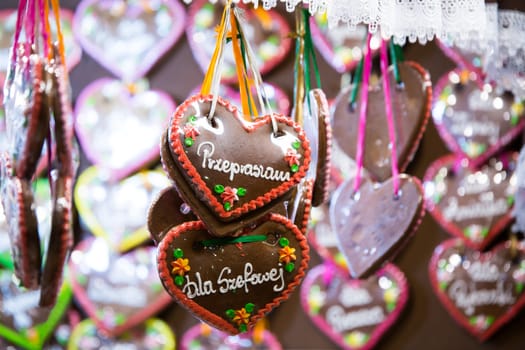 Colorful hand made gingerbreads on a christmas market stand in Krakow, Poland.