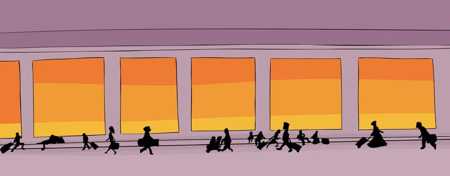 Cartoon drawing of travelers walking through hallway