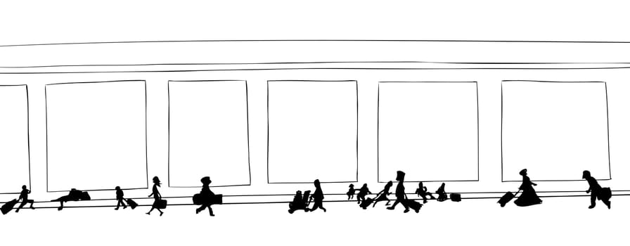 Outline cartoon of travelers walking through hallway