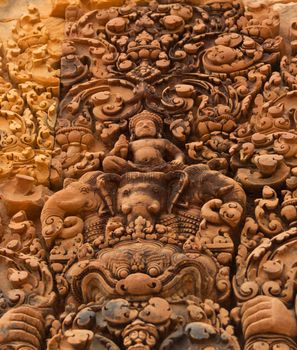 Bas-Relief at Bantey Srey Temple showing an God riding three elephants