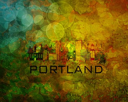 Portland Oregon City Skyline with Paint Splatter Abstract onn Grunge Texture Background Color Illustration