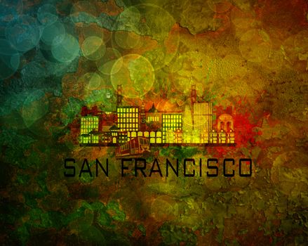 San Francisco California City Skyline with Paint Splatter Abstract on Grunge Texture Background Color Illustration