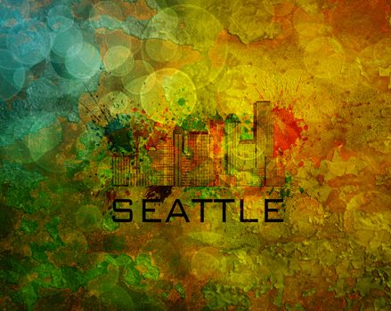 Seattle Washington City Skyline with Paint Splatter Abstract on Grunge Texture Background Color Illustration