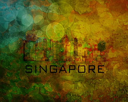Singapore City Skyline with Paint Splatter Abstract on Grunge Texture Background Color Illustration