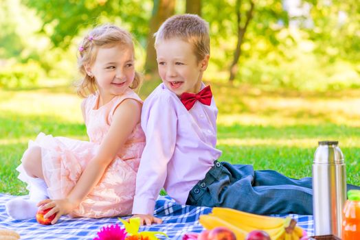 happy children in a beautiful dress on a picnic in the park