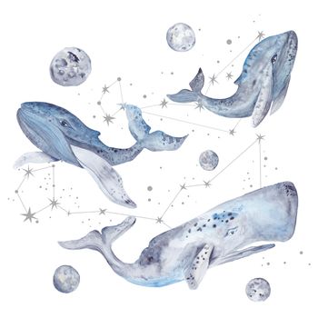 Painting with ocean fishes and planets in blue and silver colors on white background