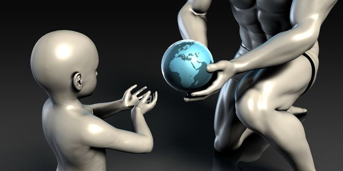 Father and Son Holding Earth Globe Planet Together