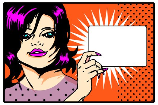 Pop art comic Love Vector of surprised woman face with blank in hand 