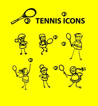 Tennis icons, yellow fake cartoon sport emblems