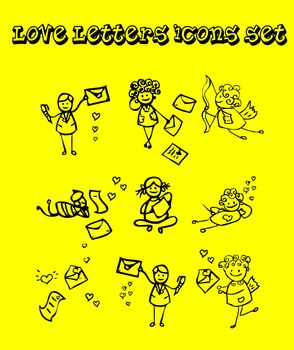 Letters of love icons set, tattoo design style, yellow background