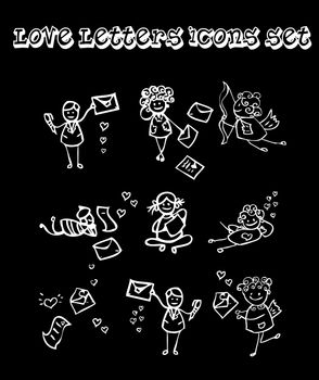 Black background love letters icons set, baby style, Chalk and coal