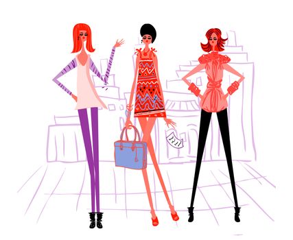 3 cartoon girl, modern woman vector illustration