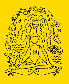 Yoga woman tattoo fake card, emblem, icon. Yellow background
