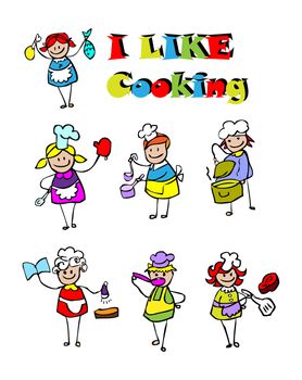 cartoon cooking icons set, food & cook kids style design