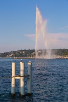 The world famous Geneva Fountain, at certain hours a small section of rainbow is visible in the fountain