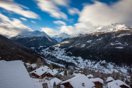 The val d'Anniviers, view from the village of St Luc, canton of Valais, Switzerland, long exposure.