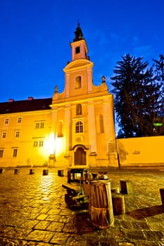 Varazdin old street and church evening view, Croatia