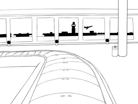 Cartoon outline of empty baggage carousel inside of airport