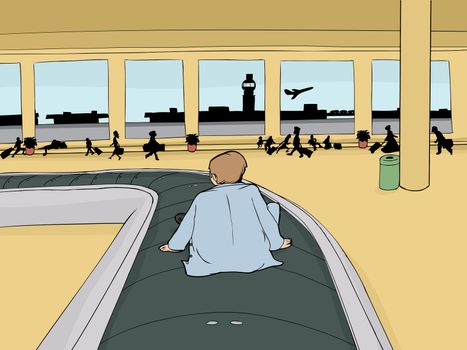 Back of man sitting on baggage claim carousel inside airport