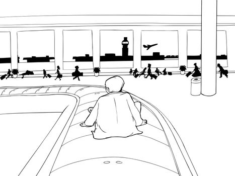 Outline of man sitting on baggage claim carousel inside airport
