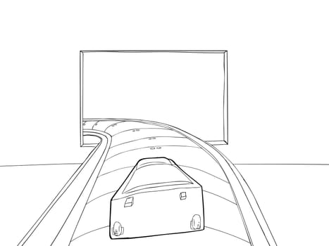 Outlined point of view drawing of luggage entering baggage claim