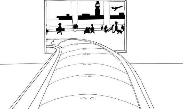 Outlined empty conveyer belt in crowded airport baggage claim